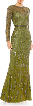 Mac Duggal Abstract Beaded Long Sleeve Evening Gown