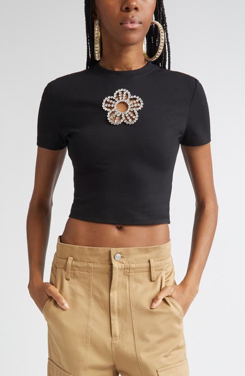 Crystal Flower Cutout Crop T-Shirt