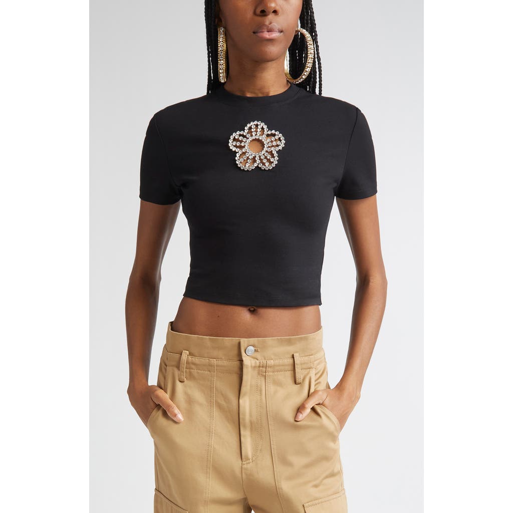 Area Crystal Flower Cutout Crop T-shirt In Black