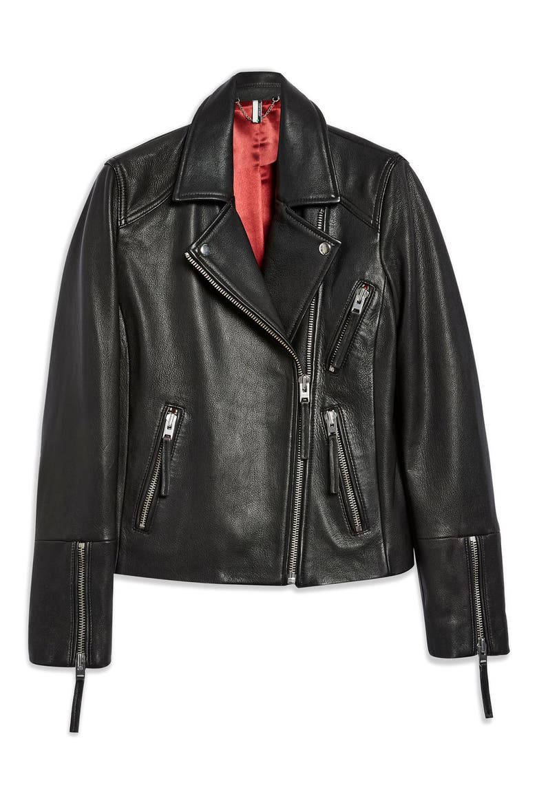Dolly Leather Biker Jacket, Alternate, color, BLACK
