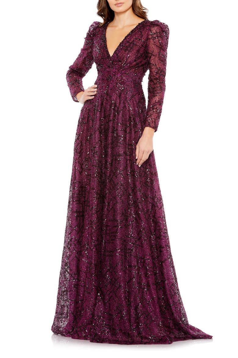Embellished V Neck Long Sleeve A Line Gown, Main, color, PLUM