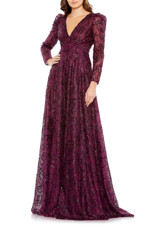 Embellished V Neck Long Sleeve A Line Gown