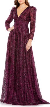 Mac Duggal Embellished V Neck Long Sleeve A Line Gown