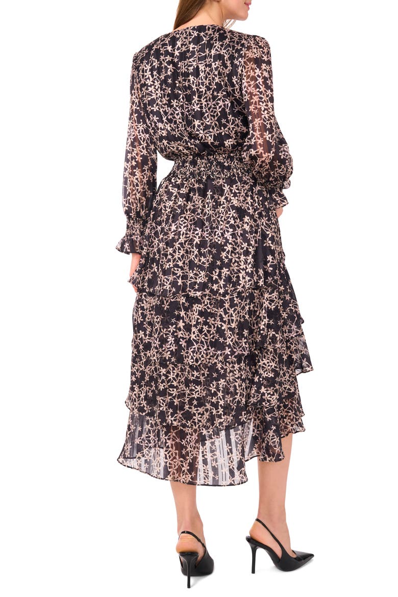 Floral Metallic Stripe Long Sleeve Tiered Maxi Dress, Alternate, color, RICH BLACK