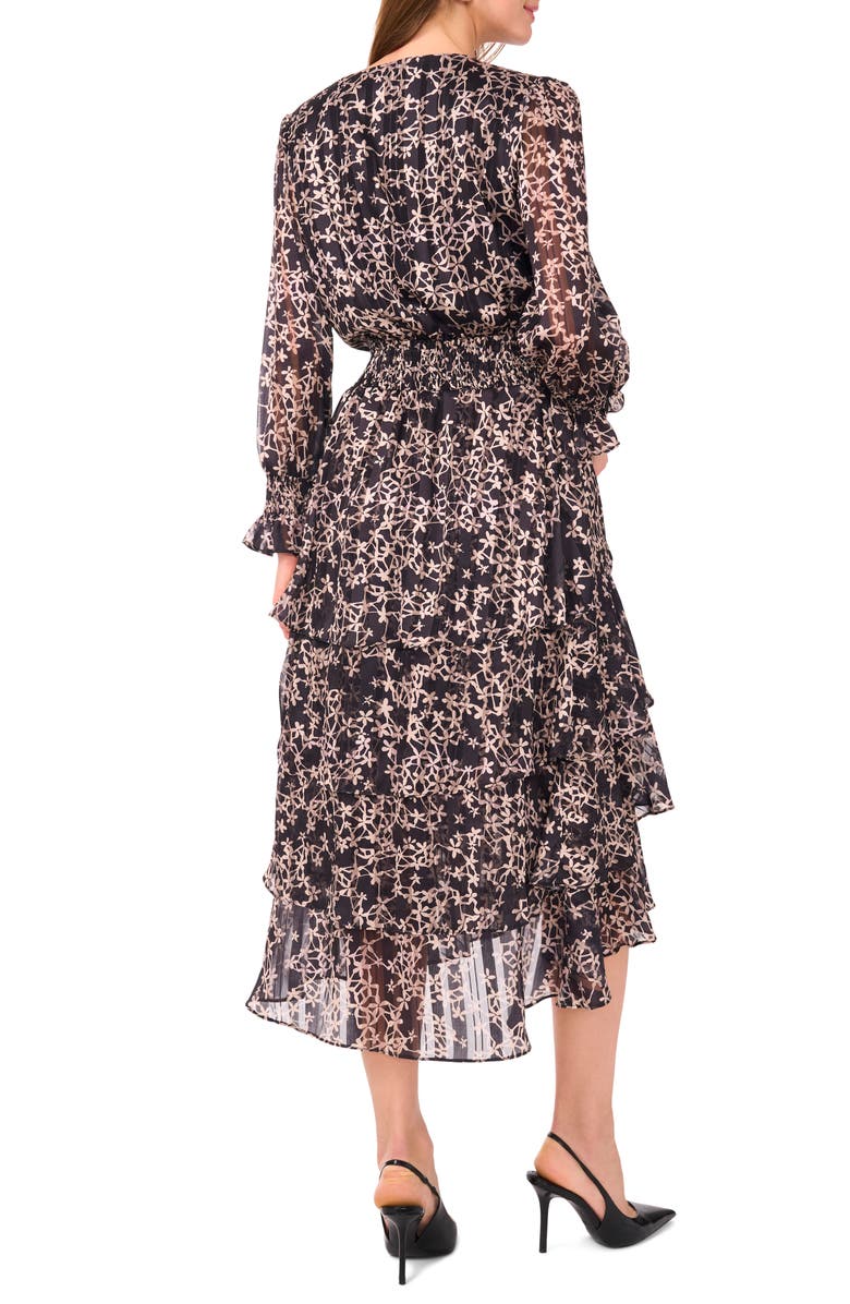 Vince Camuto Floral Metallic Stripe Long Sleeve Tiered Maxi Dress, Alternate, color, Rich Black