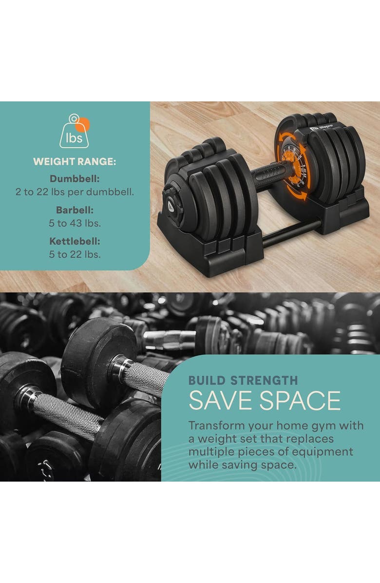 Lifepro Adjustable Dumbbell Set 25lb, 15lb, 43lb, 55lb Quick Adjust Strength Training Weights for Home Gym, Alternate, color, 43Lb 3In1