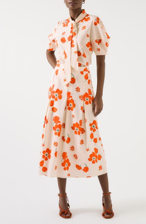 Flora Floral Pleated Stretch Cotton Sateen Midi Skirt