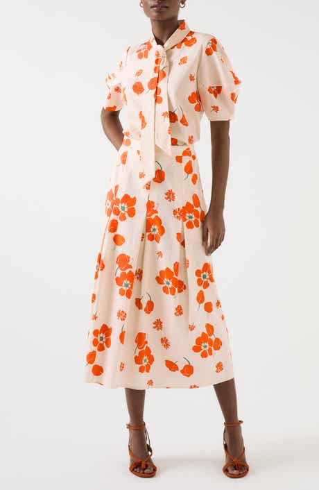 LK Bennett Flora Floral Pleated Stretch Cotton Sateen Midi Skirt