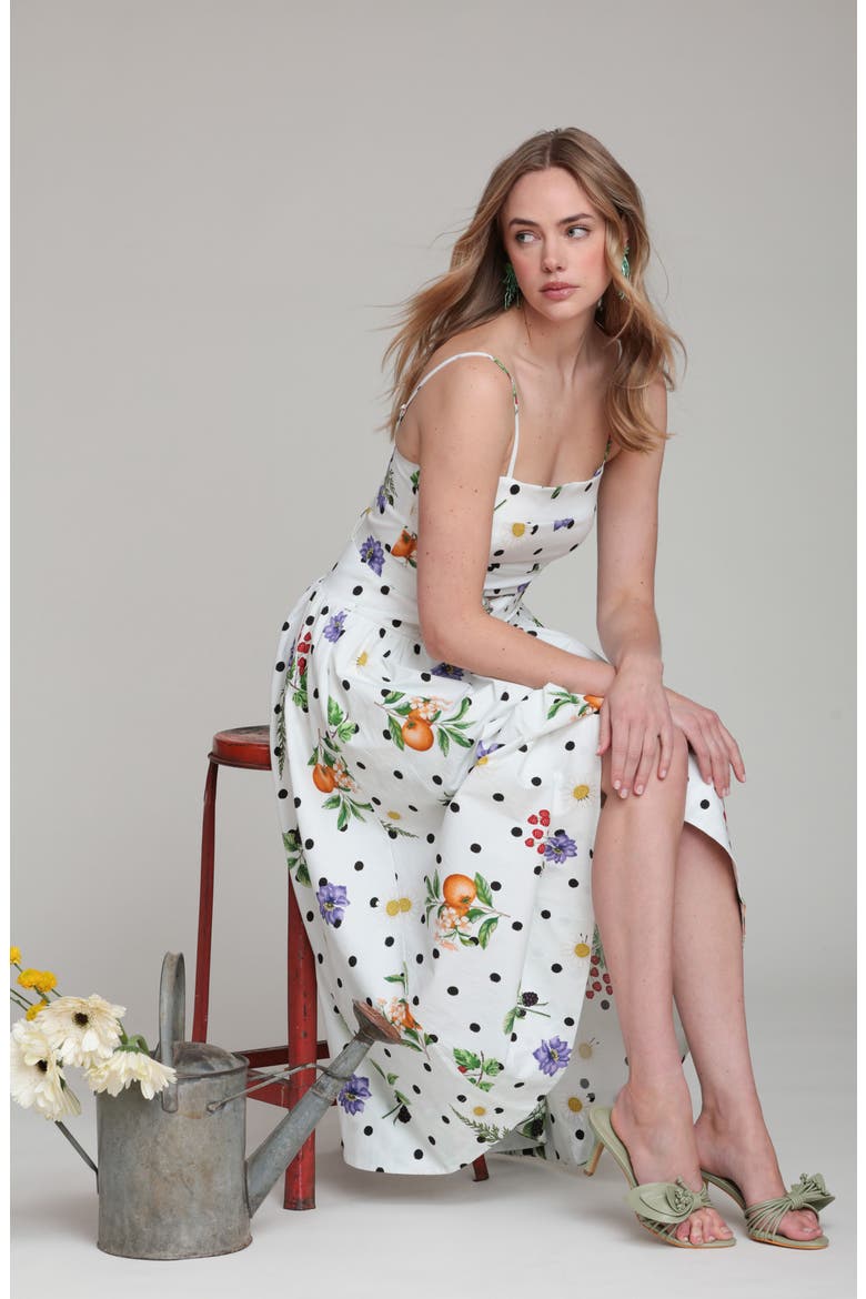 Fruit Florals & Polka Dot Belted Drop Waist Midi Dress, Alternate, color, WHITE SCATTERED BOTA