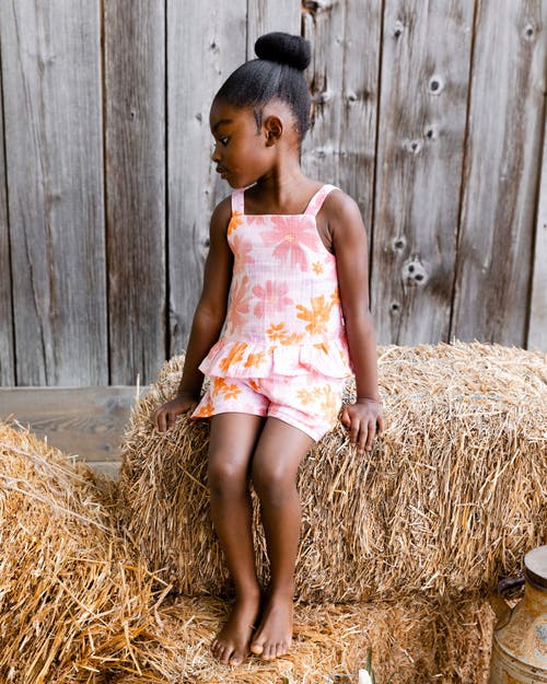 Deux Par Deux Girl's Printed Tank Top And Short Muslin Set With Frills Pink And Coral Flowers In Pink And Coral Flowers