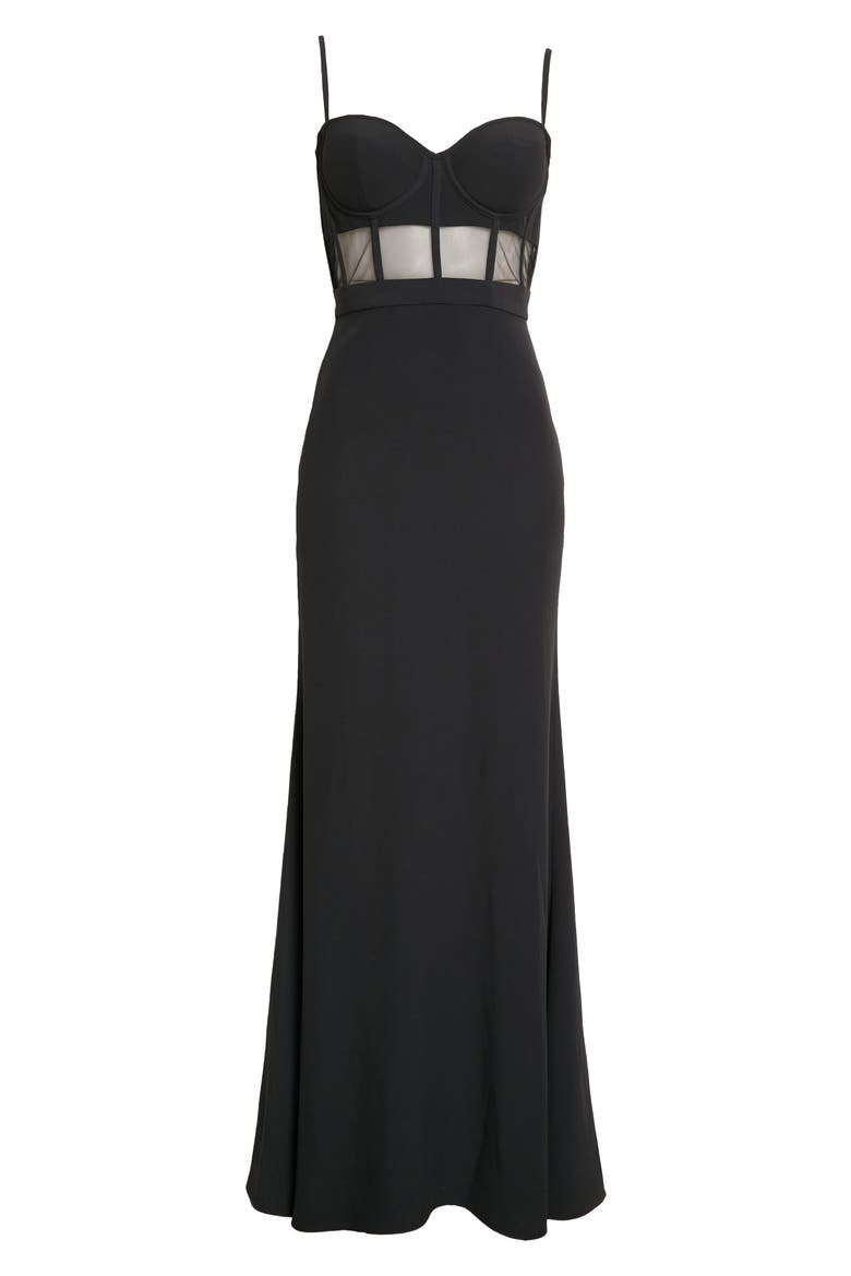 Sheer Corset Bodice Leaf Crepe Gown, Alternate, color, 1000 BLACK