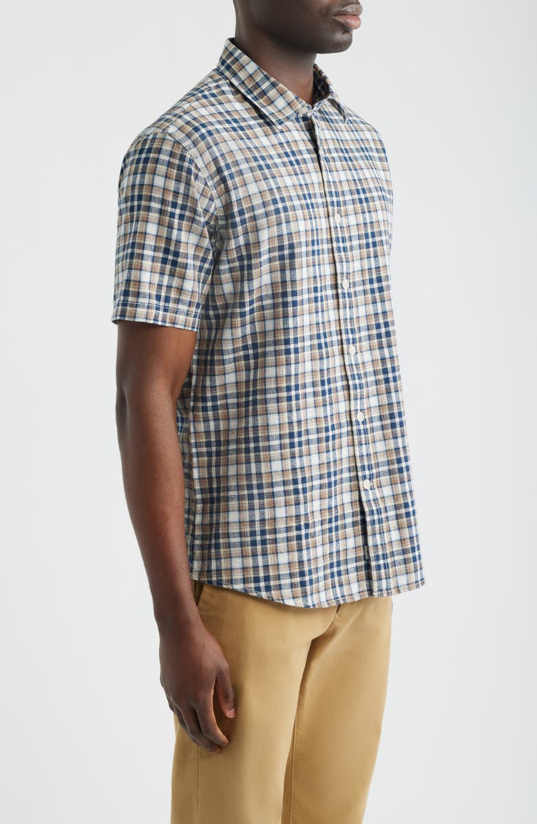 James Campbell Funchal Regular Fit Plaid Short Sleeve Cotton & Linen Sport Shirt, Alternate, color, Blue