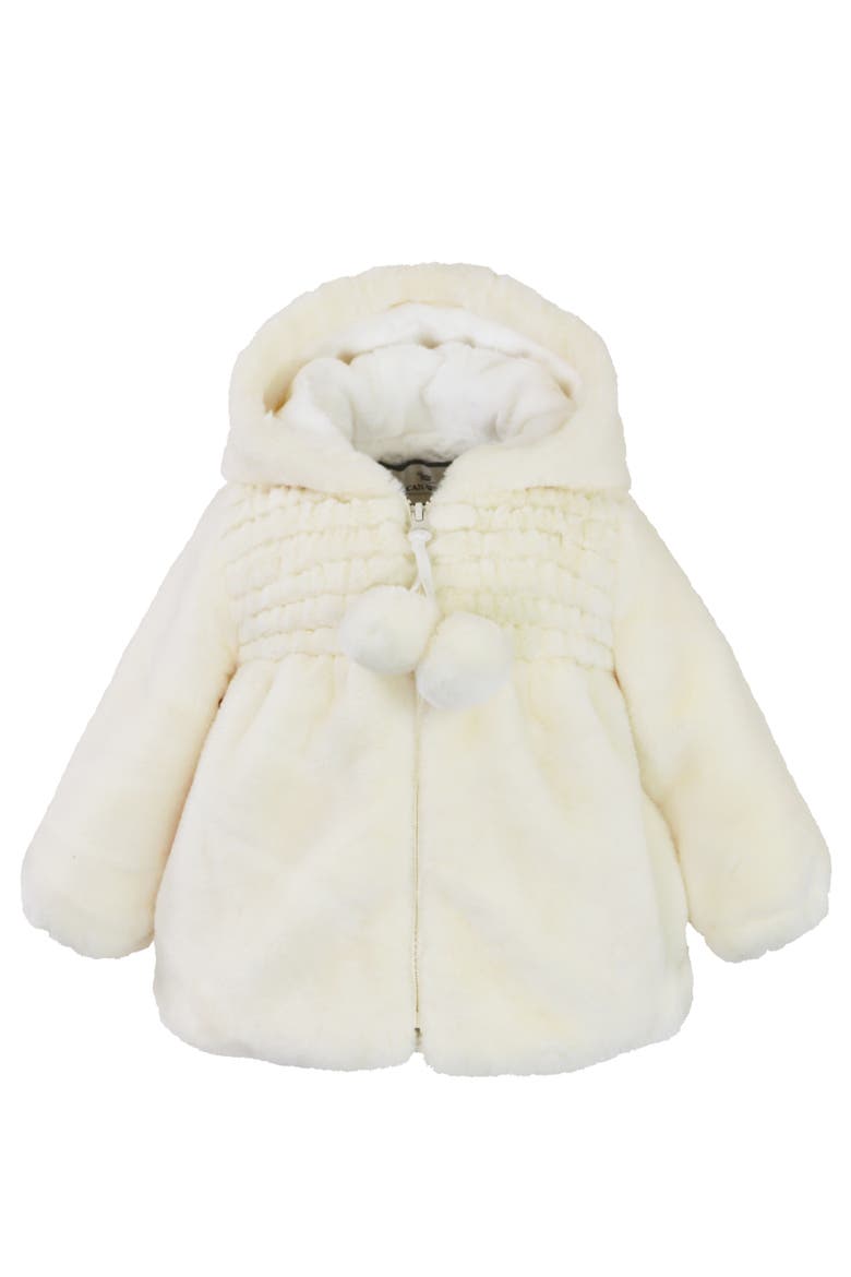 Faux Fur Hooded Zip Front Smocked Jacket, Main, color, Vanilla Puff