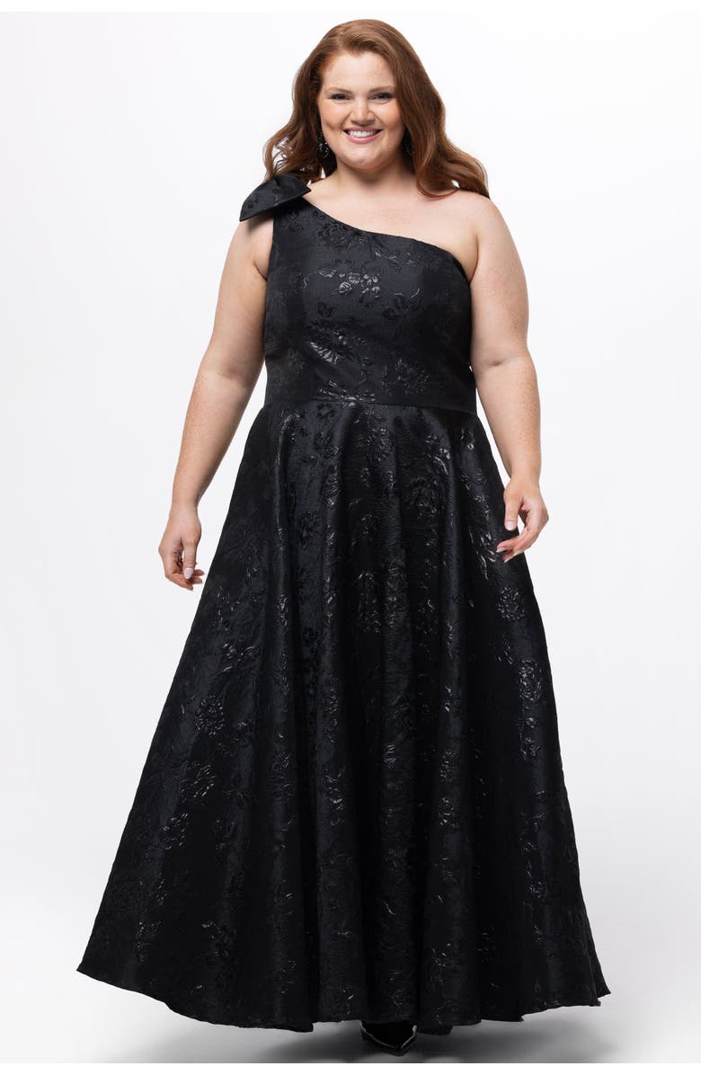 Celebrations by Sydney's Closet One Shoulder Brocade Plus Size Formal Dress with Bow, Main, color, Black/Black