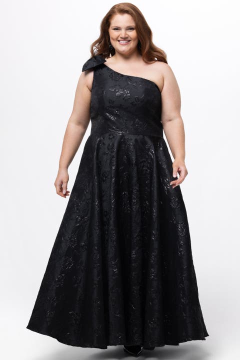 One Shoulder Brocade Plus Size Formal Dress with Bow