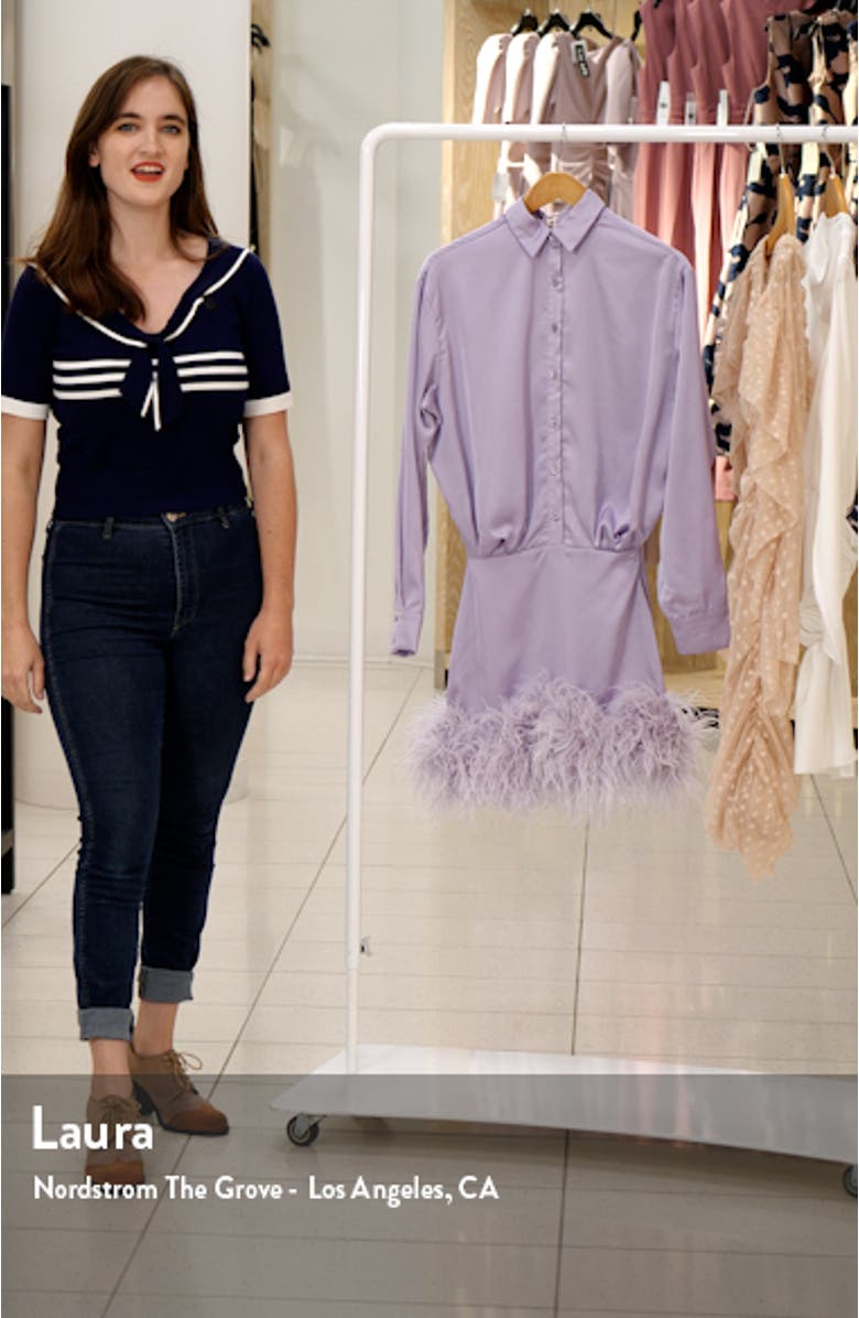 Tyra Feather Trim Long Sleeve Satin Shirtdress, sales video thumbnail