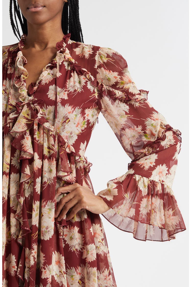 Mae Floral Print Ruffle Long Sleeve Chiffon Minidress, Alternate, color, WINEBERRY MULTI