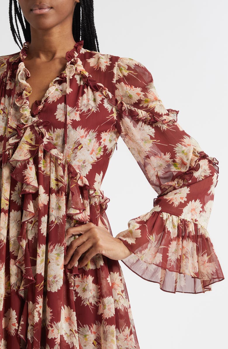 Cinq à Sept Mae Floral Print Ruffle Long Sleeve Chiffon Minidress, Alternate, color, Wineberry Multi