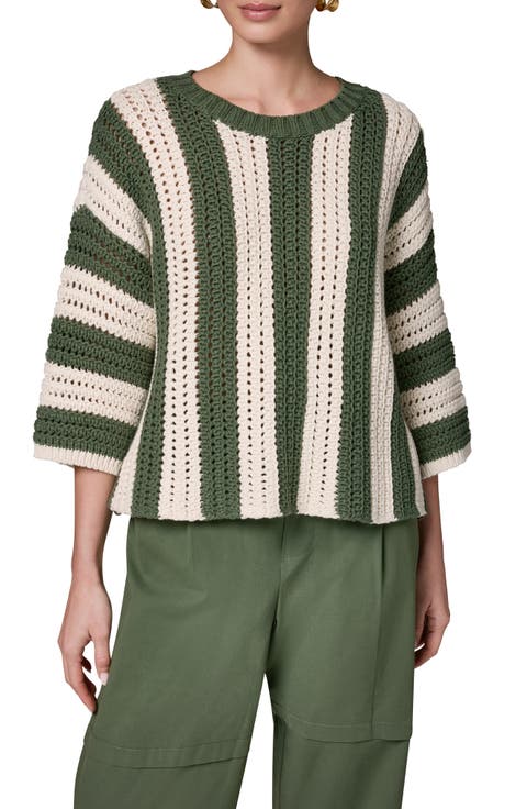 Vertical Stripe Open Stitch Cotton Sweater