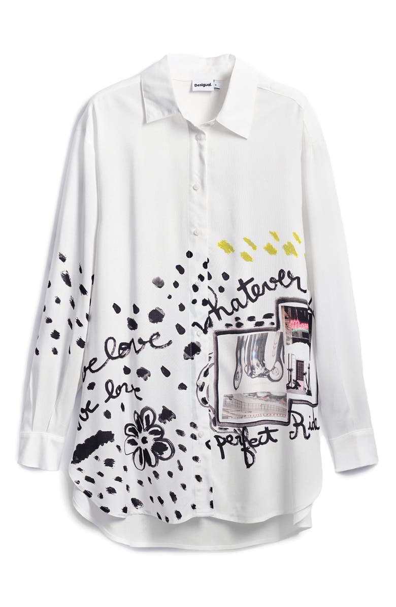 Desigual Print High-Low Shirt, Alternate, color, White