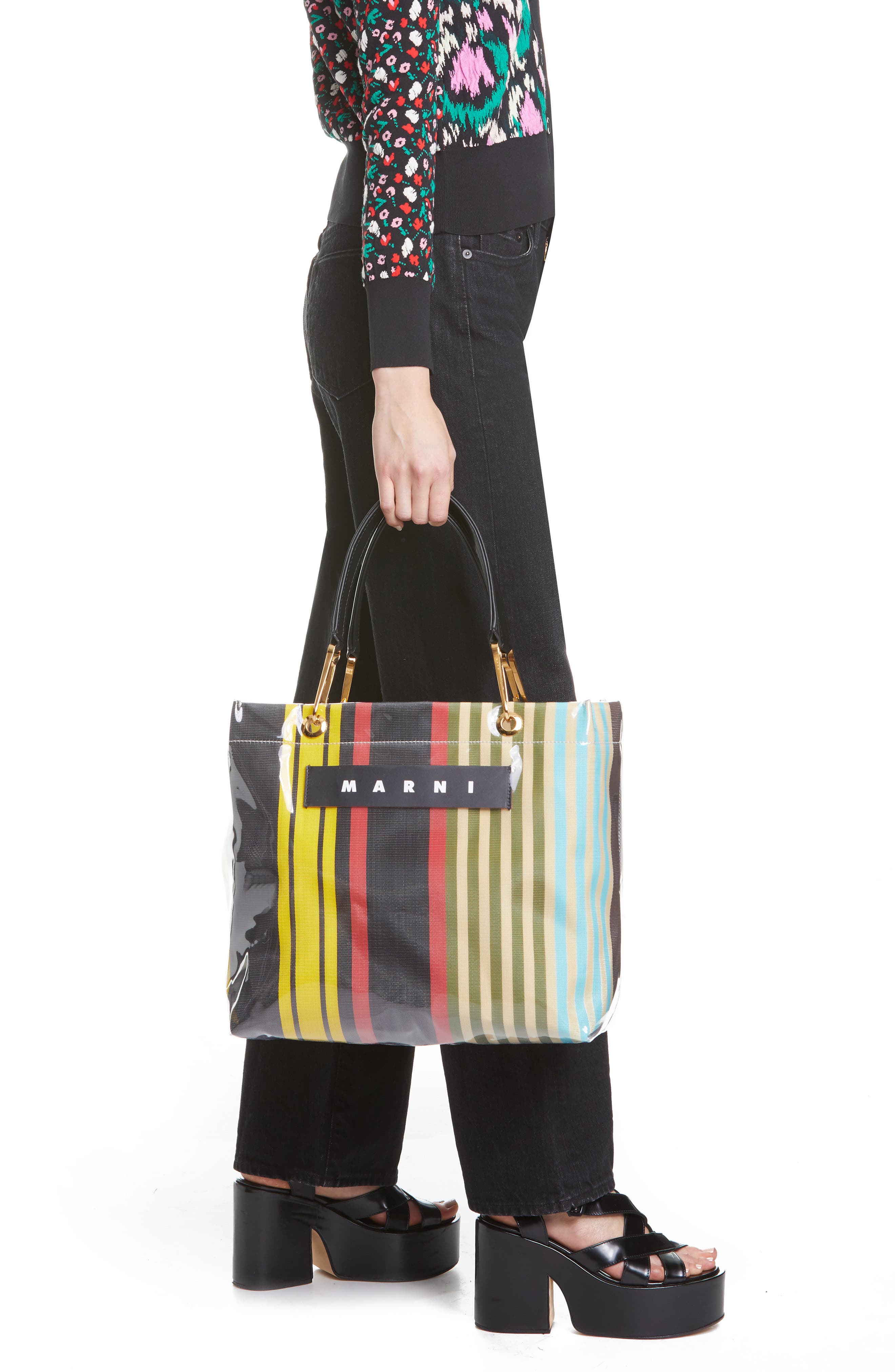 Marni Glossy Grip Logo Stripe Tote, Alternate, color, 