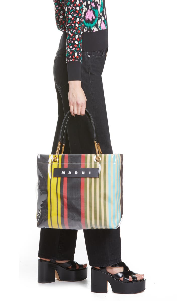 Marni Glossy Grip Logo Stripe Tote, Alternate, color,
