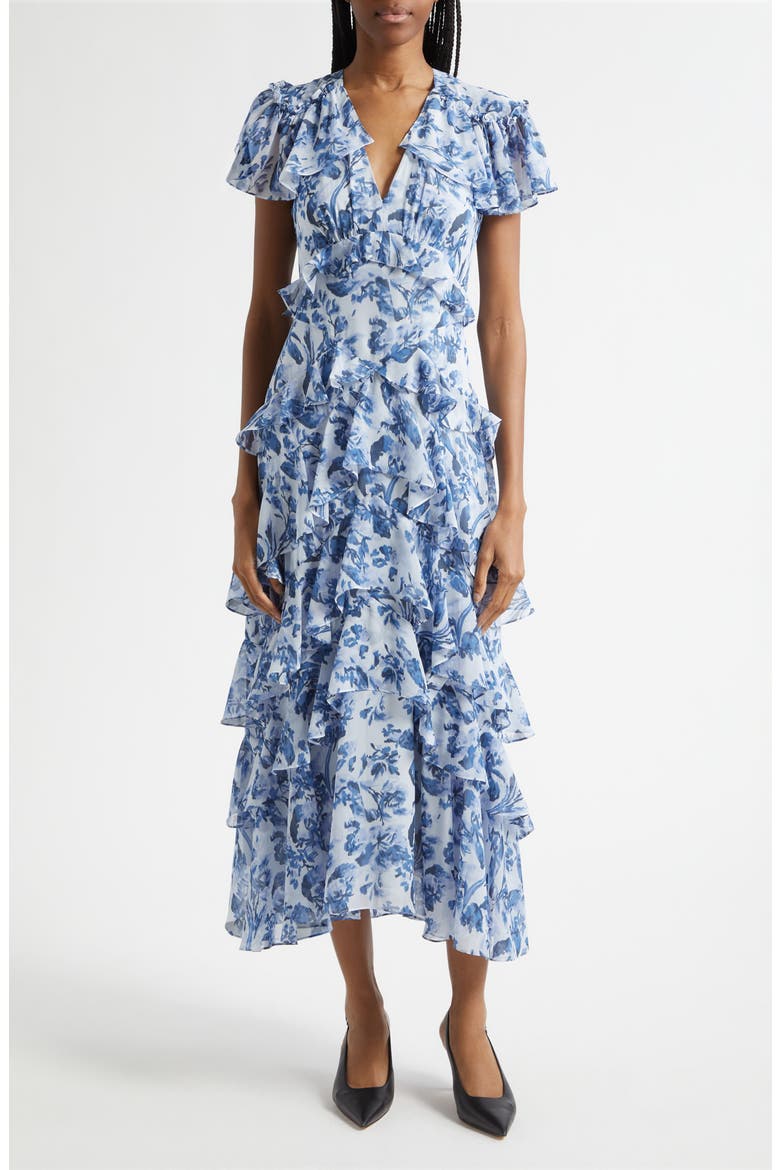 Floral Tiered Ruffle Dress, Main, color, NIGHT TIDE MULTI
