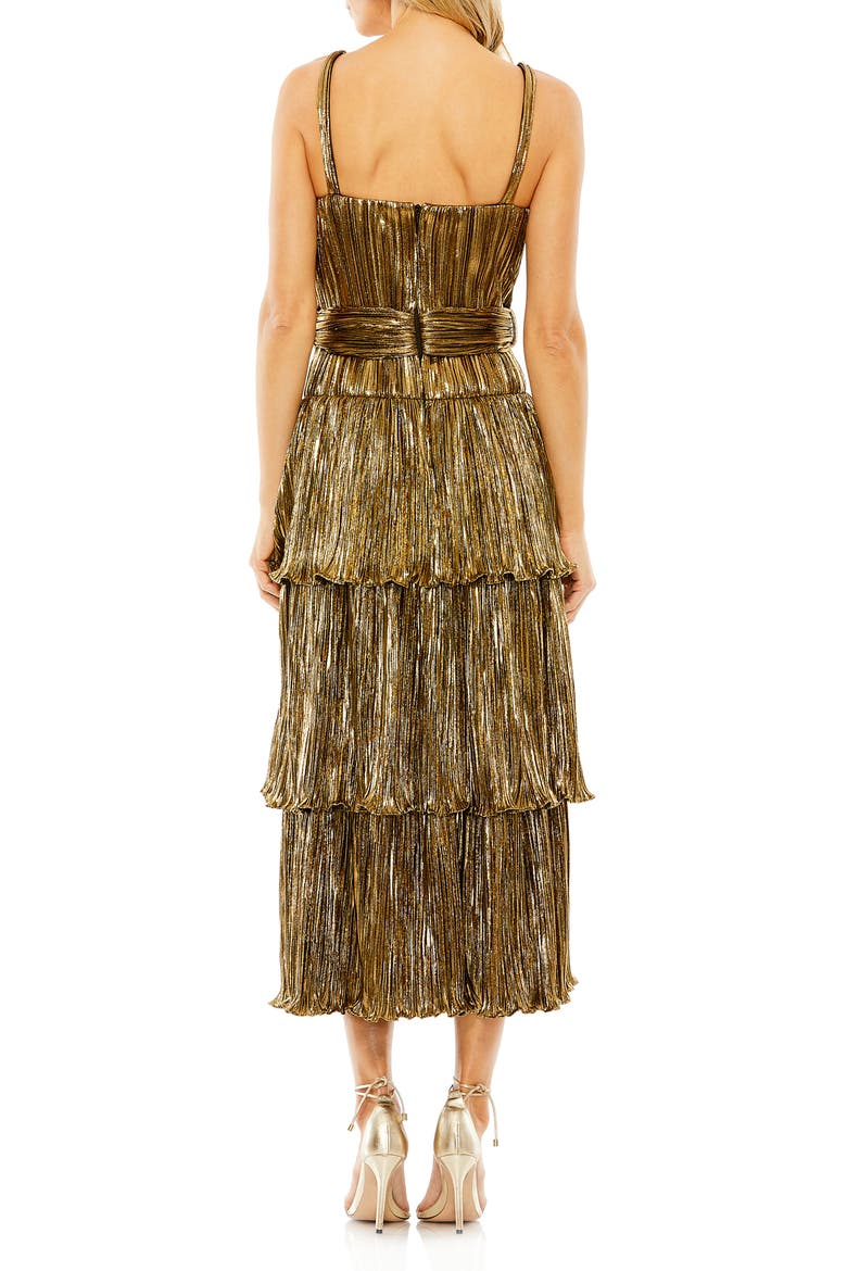 Square Neck Metallic Plissé Dress with Buckle Detail, Alternate, color, ANTIQUE GOLD