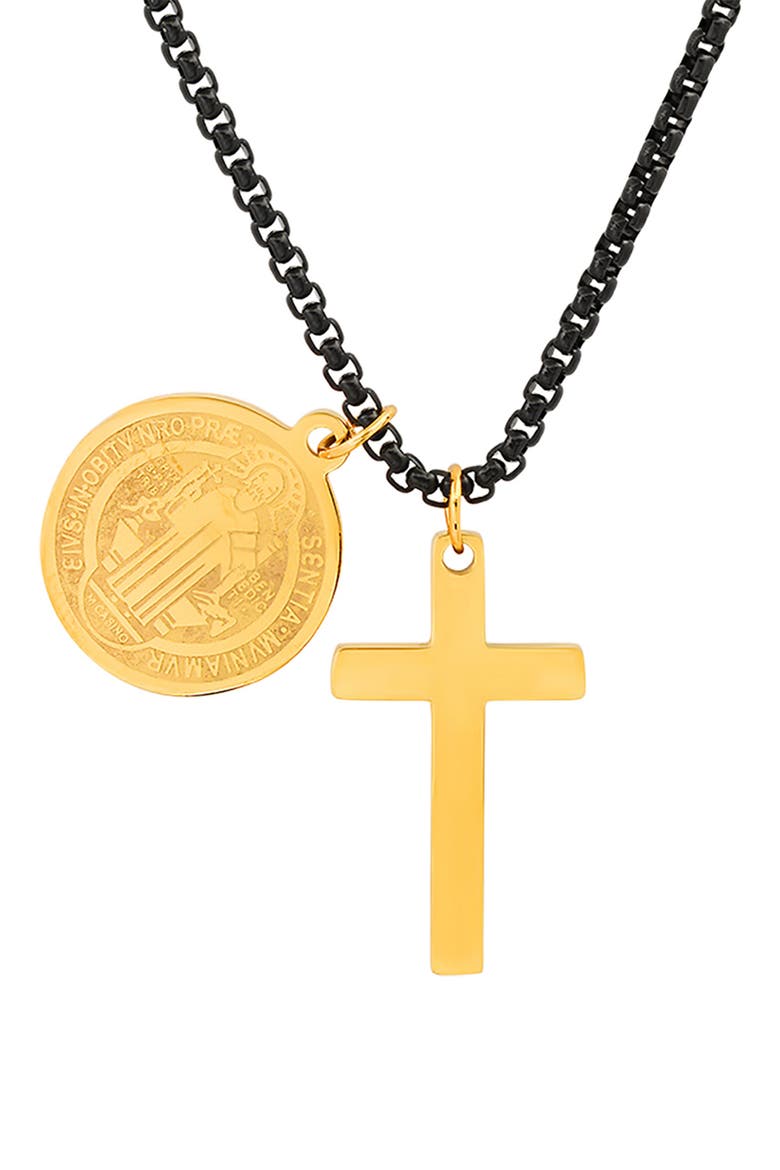 18k Gold Plated Stainless Steel Prayer Charm Pendant Necklace, Alternate, color, BLACK/ YELLOW