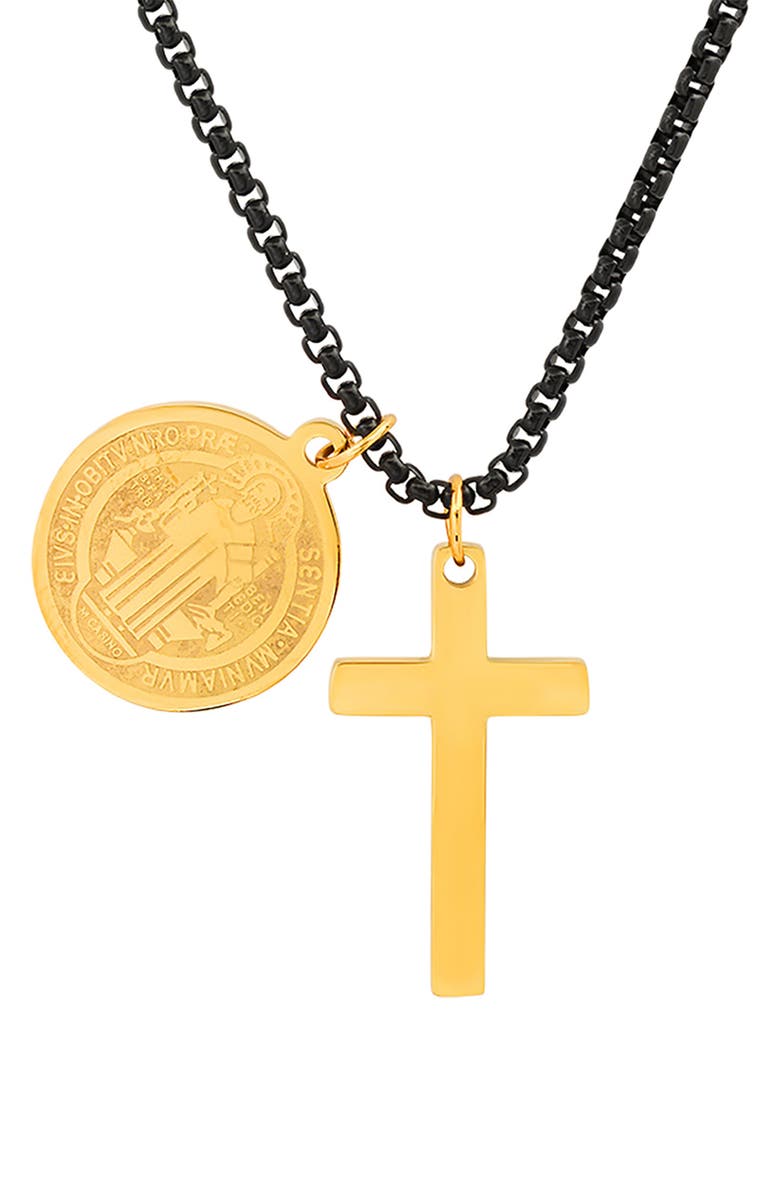 HMY JEWELRY 18k Gold Plated Stainless Steel Prayer Charm Pendant Necklace, Alternate, color, Black/ Yellow