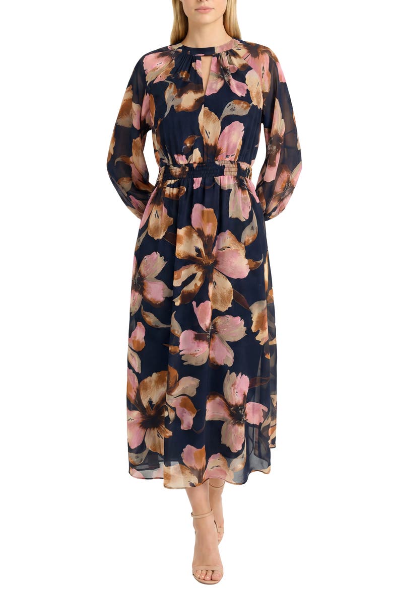 Floral Long Sleeve Chiffon Midi Dress, Main, color, NAVY/ ORANGE