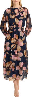Maggy London Floral Long Sleeve Chiffon Midi Dress