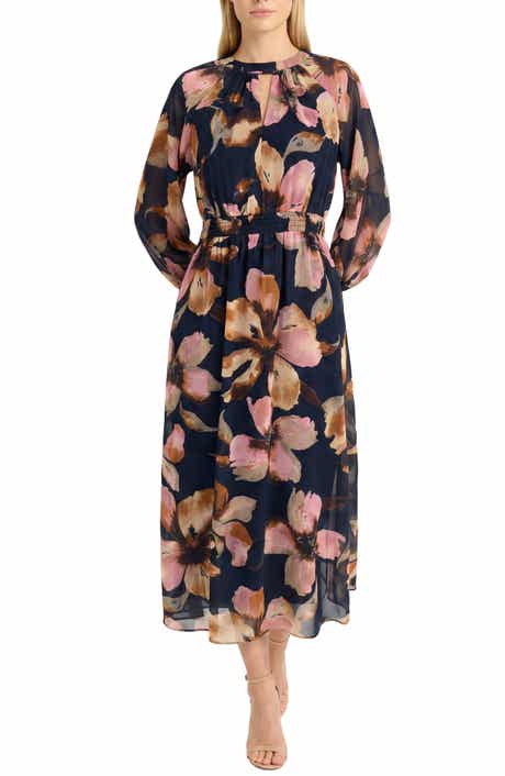 Floral Long Sleeve Chiffon Midi Dress