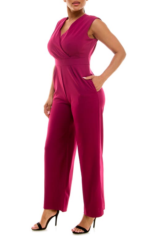 Nina Leonard Surplice V-neck Wide Leg Jumpsuit In Dark Magenta