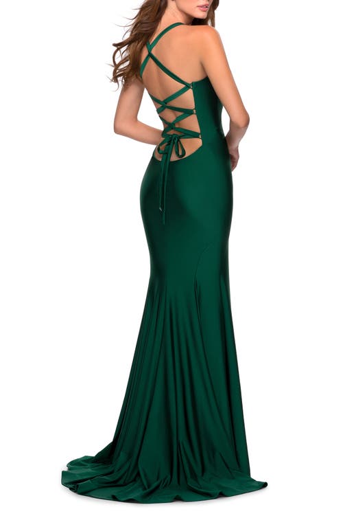 La Femme Form Fitting Prom Dress With Dramatic Lace Up Back In Emerald