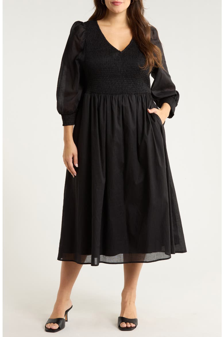 Zelda Smocked Long Sleeve Maxi Dress, Main, color, BLACK