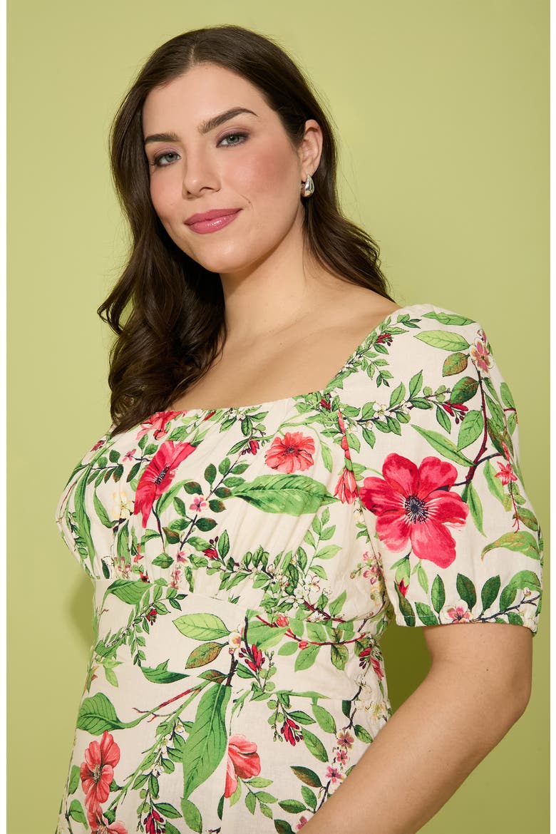 Floral Short Sleeve Linen Blend Midi Dress, Alternate, color, CREAM/ PINK