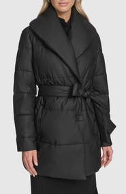 Andrew Marc Adela Faux Leather Shawl Collar Quilted Wrap Coat