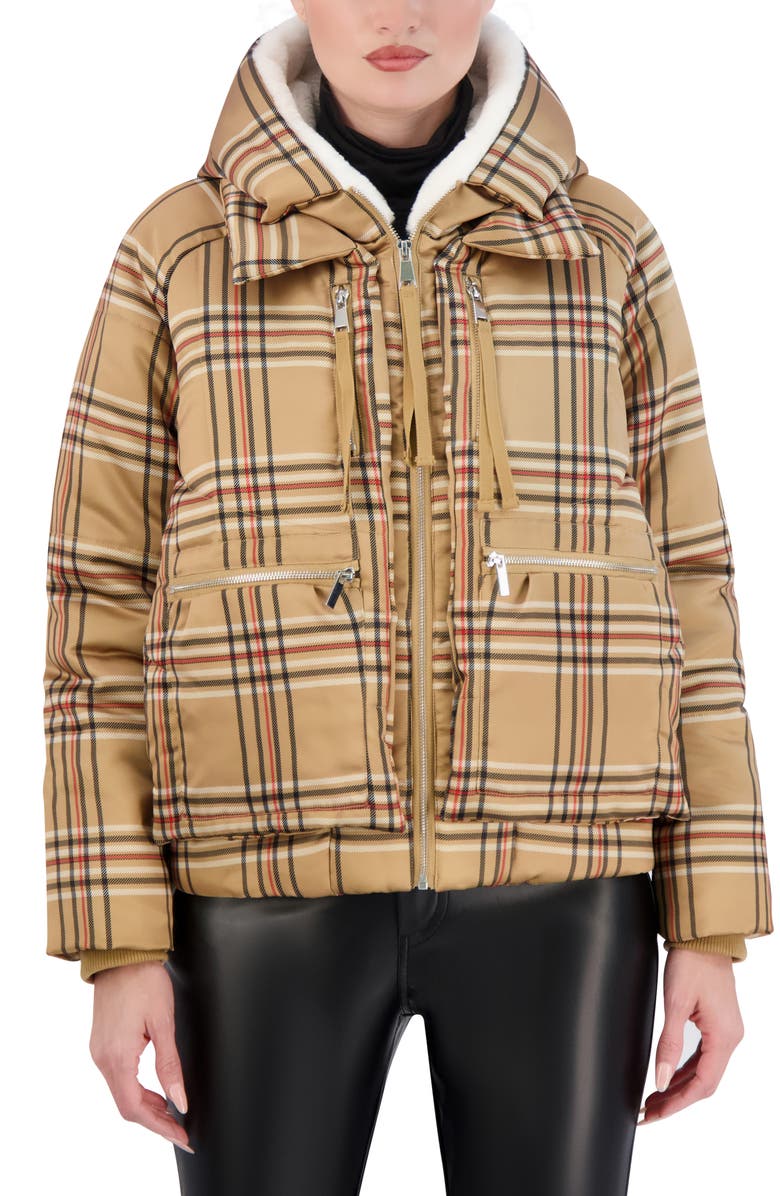 Ookie & Lala Plaid Faux Fur Lined Utility Crop Puffer Hooded Jacket, Main, color, Camel Black