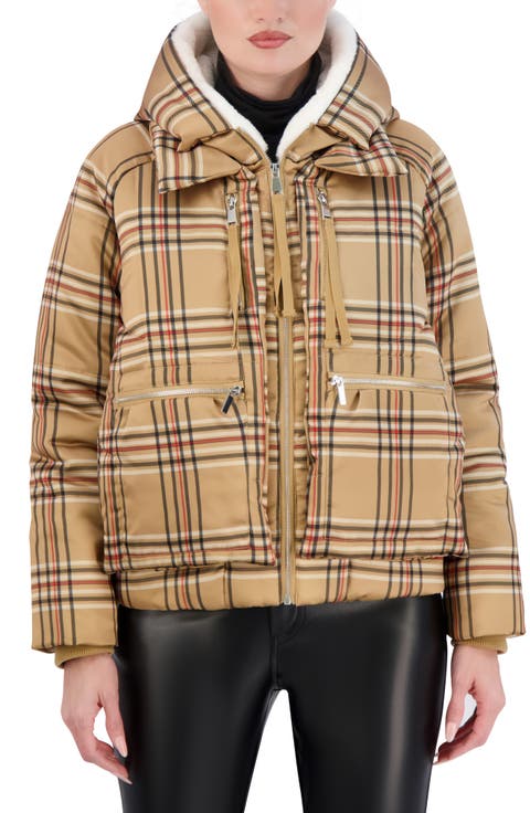 Plaid Faux Fur Lined Utility Crop Puffer Hooded Jacket