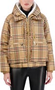 Ookie & Lala Plaid Faux Fur Lined Utility Crop Puffer Hooded Jacket