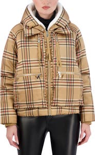 Ookie & Lala Plaid Faux Fur Lined Utility Crop Puffer Hooded Jacket