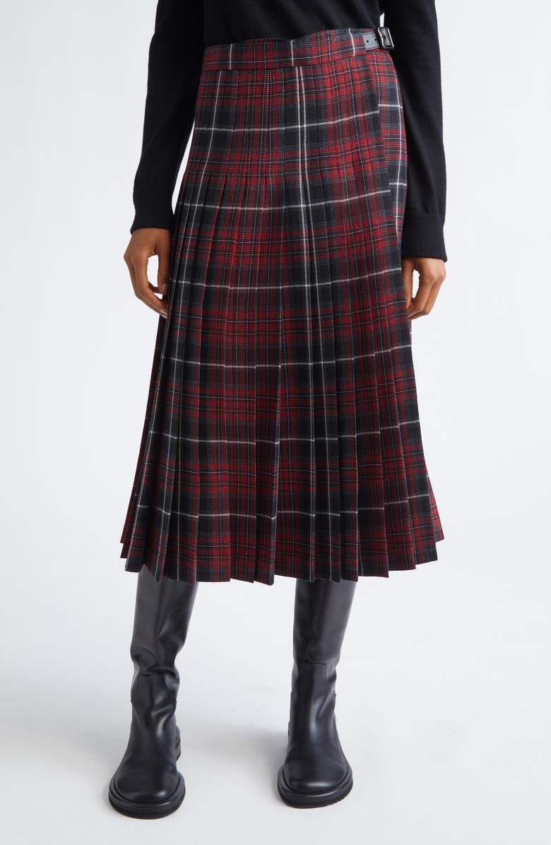 Burberry Tartan Pleated Midi Skirt, Main, color, Cool Grey/ Cranberry Red Check