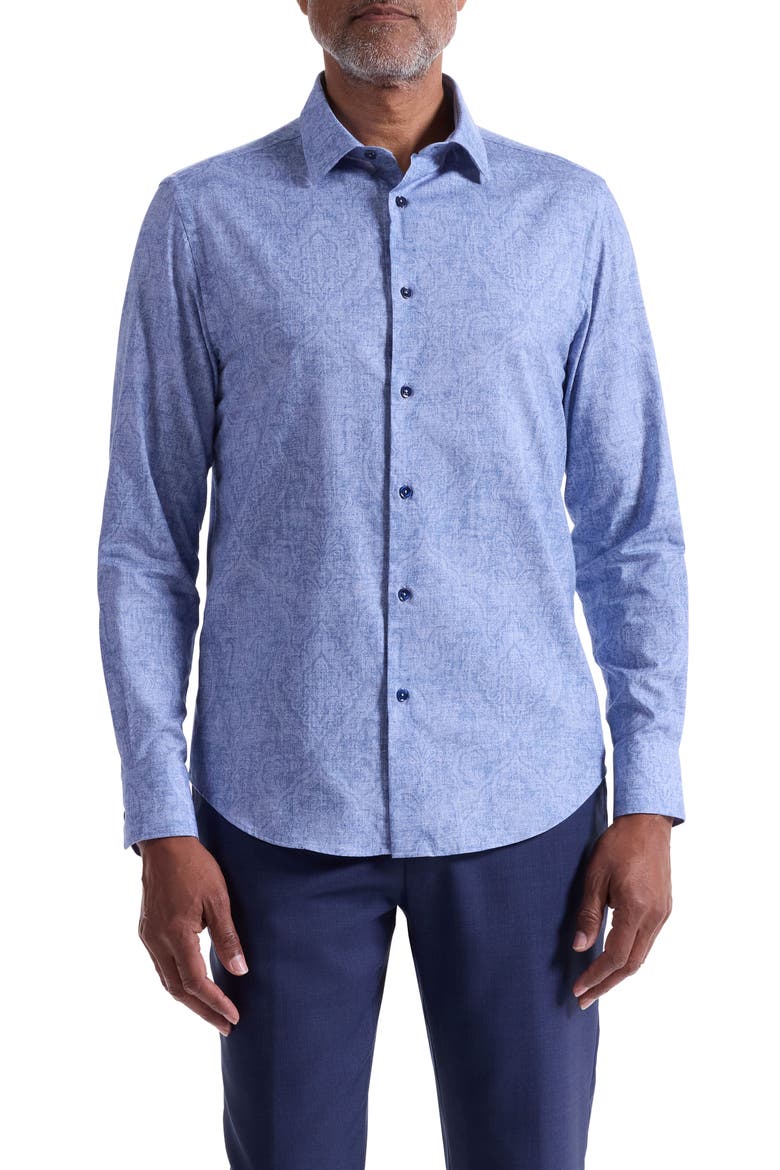 Julian Shaped Fit Paisley Cotton Button-Up Shirt, Main, color, COBALT