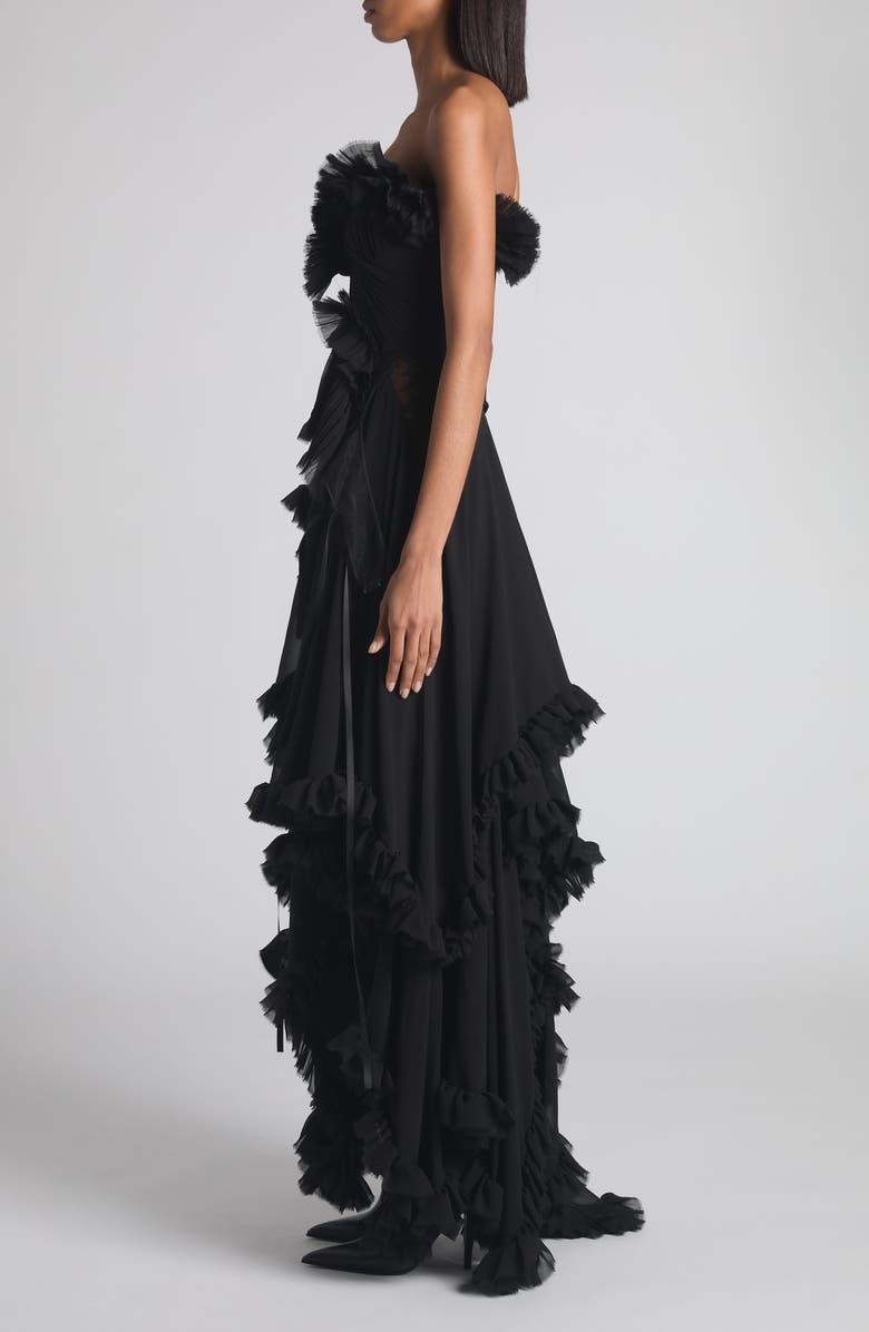 McQueen Tiered Ruffle Strapless Silk Georgette Gown, Alternate, color, Black