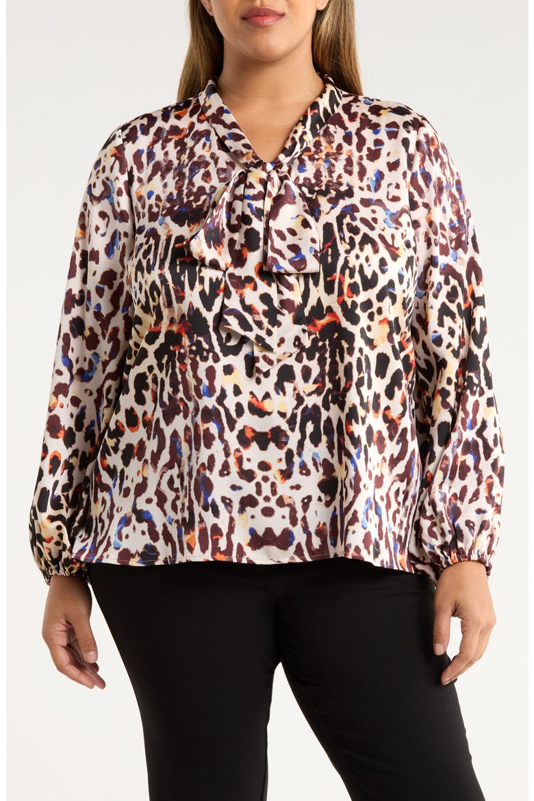 Leopard Print Bow Neck Satin Top, Main, color, SAND ROYAL LEOPARD
