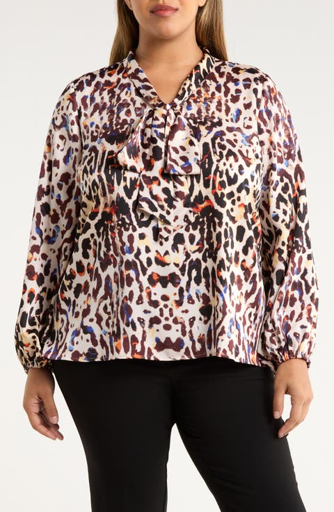 Leopard Print Bow Neck Satin Top (Plus)