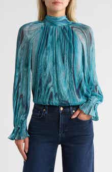 Ramy Brook Anneli Metallic Thread Mock Neck Long Sleeve Top