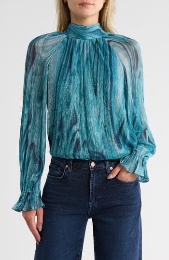 Ramy Brook Anneli Metallic Thread Mock Neck Long Sleeve Top In Blue