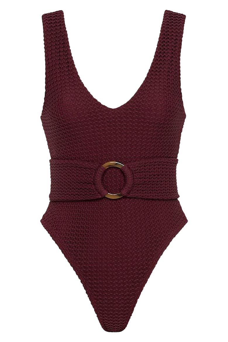 Kim Belted One-Piece Swimsuit, Alternate, color, MAROON CROCHET